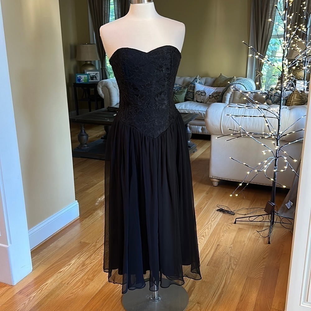 Vintage Lace Chiffon Black Strapless Dress Sz7-8